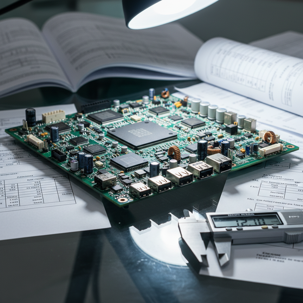 A close-up of a highly detailed circuit board showcasing a variety of components, including integrated circuits, capacitors, and connectors, all with sharp, legible markings. The board rests on a glass-topped desk, surrounded by technical datasheets and a digital caliper, hinting at technical analysis and cross-referencing. Cool white task lighting highlights the intricate soldered pathways and metallic sheens, casting soft, precise shadows across the surface. The overall atmosphere is focused and analytical, underscoring technical expertise. Captured with shallow depth of field from a side angle, the foreground in sharp focus while the technical documents gently blur. Photographic realism and clean composition reinforce trust and advanced knowledge in procurement support.
